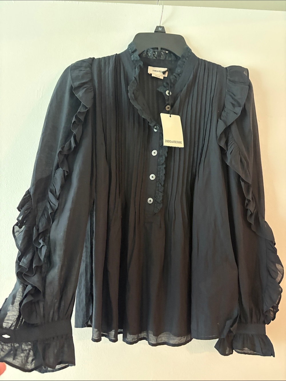 Zadig & Voltaire Timmy Tomboy Black Pleated, Ruffle Pintuck Peasant Blouse-